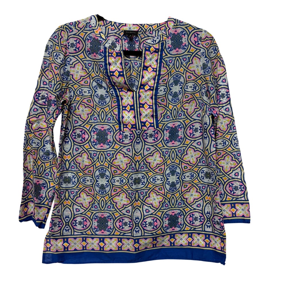 Talbots Womens XS Blue Pink Geometric Medallion Cotton Split Neck Tunic Top